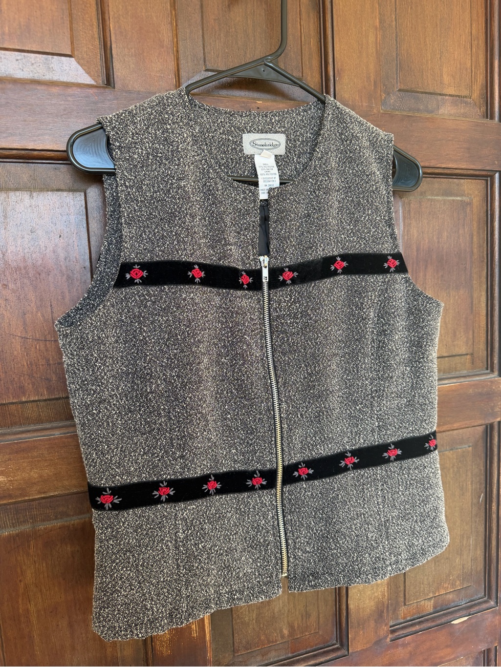 Knit Zip Front Vest With Rose And Velvet Embroidered Trim